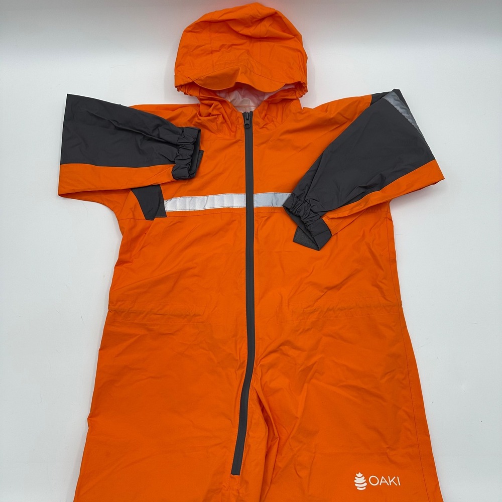 Oaki Kids Trail Rain Suit Orange Grey Waterproof One Piece Hooded Size 8/9